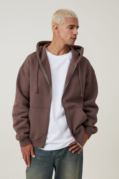 Box Fit Zip Up Hoodie, WASHED CHOCOLATE