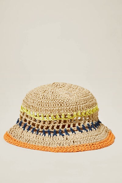 Crochet Bucket Hat, RAFFIA/MULTI COLOUR