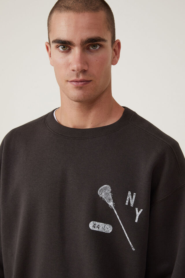 Box Fit College Crew Sweater, WASHED BLACK / NY LACROSSE