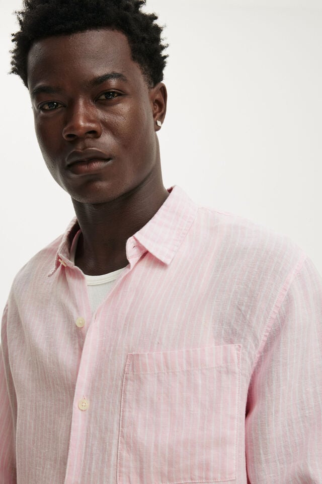Relaxed Linen Long Sleeve Shirt, PINK STRIPE