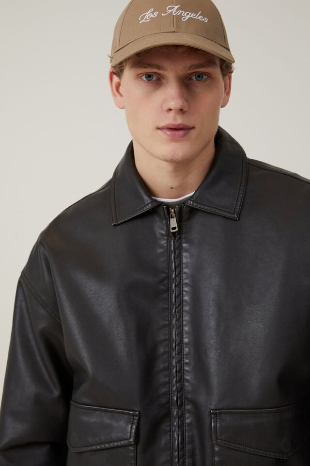 Faux Leather Bomber, BLACK