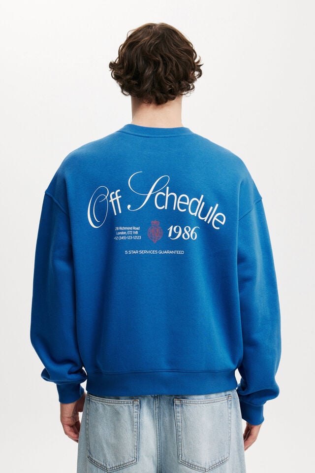 Box Fit Graphic Crew Sweater, CAROLINA BLUE / OFF SCHEDULE