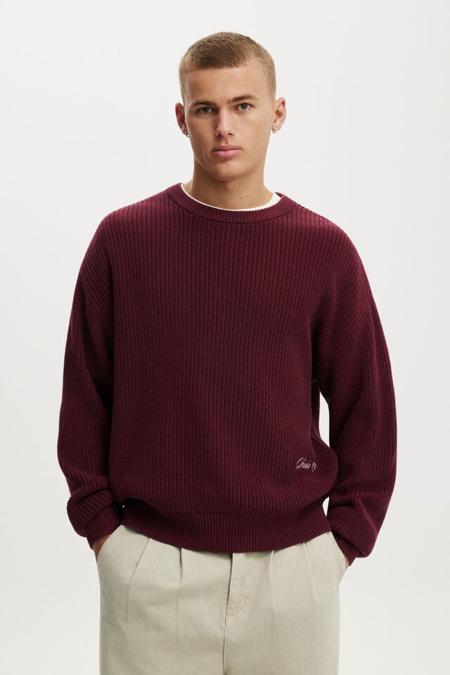 Box Fit Crew Knit, PLUM EMB