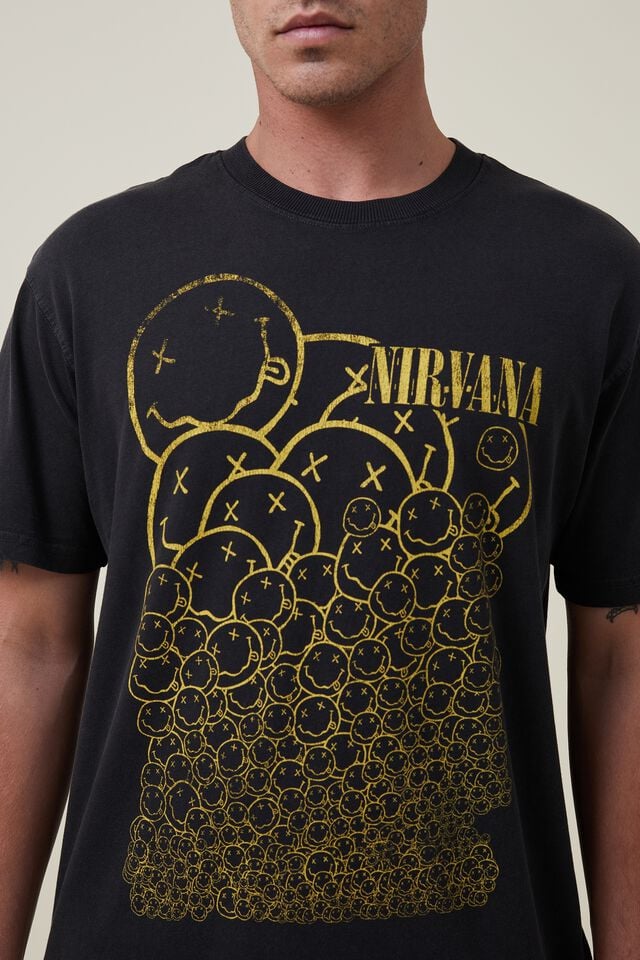 Premium Loose Fit Music T-Shirt, LCN MT WASHED BLACK/NIRVANA - SMILEY REPEAT