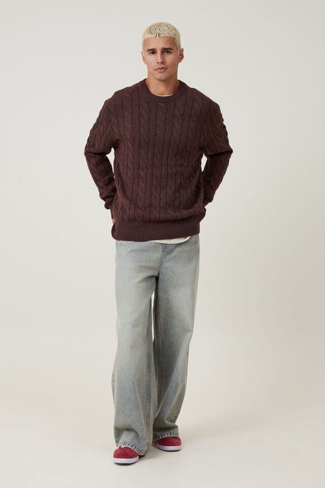 Cable Knit Crew, BROWN CABLE