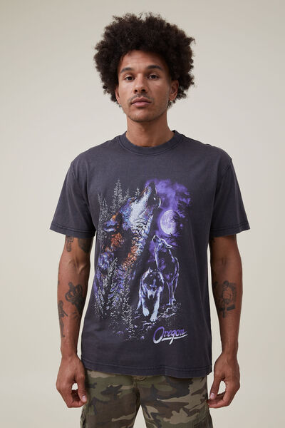 Premium Loose Fit Art T-Shirt, WASHED BLACK/OREGON WOLF MOON