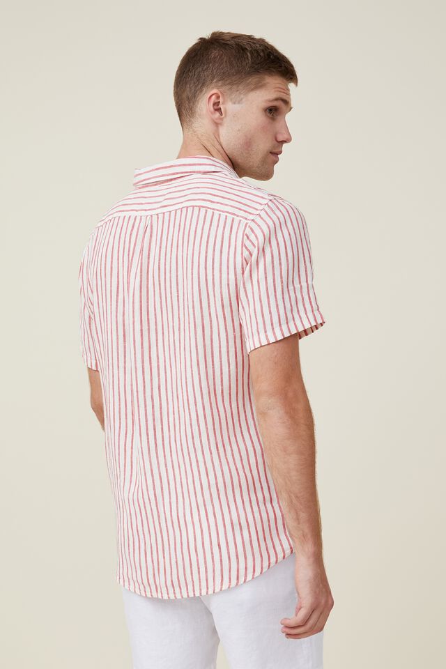 Linen Short Sleeve Shirt, SPORT RED STRIPE