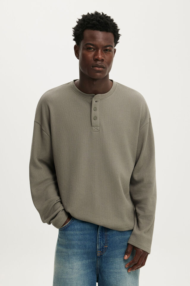 Cropped Fit Henley Long Sleeve, LIGHT SLATE