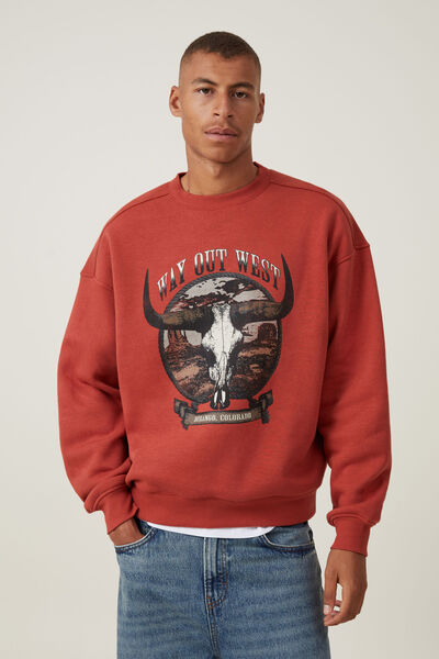 Box Fit Graphic Crew Sweater, BRUSCHETTA RED / OUT WEST