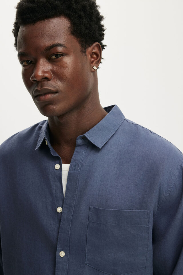 Relaxed Linen Long Sleeve Shirt, FADED NAVY
