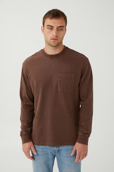 Loose Fit Long Sleeve Tshirt, WASHED CHOCOLATE