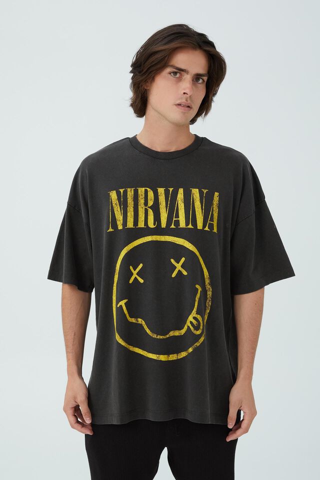 Oversized Vintage T-Shirt, LCN MT WASHED BLACK/NIRVANA - SMILE