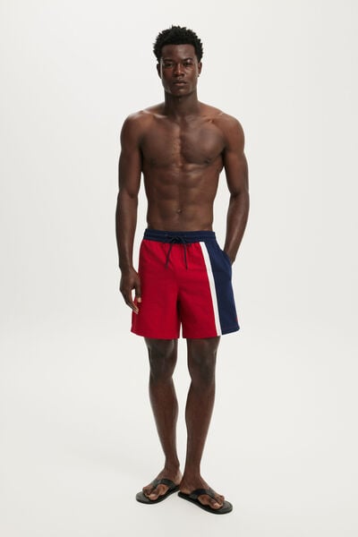 Stretch Swim Short, RED NAUTICAL PANEL SEERSUCKER
