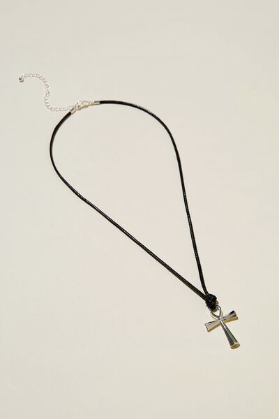 Chain Necklace, SILVER ANKH/BLACK