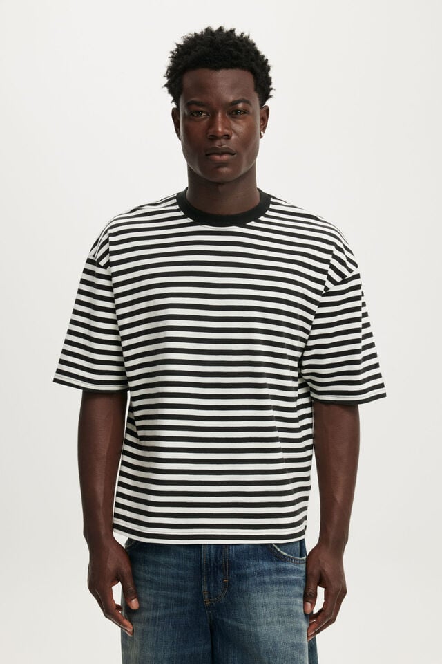 Cropped Fit T-Shirt, WASHED BLACK / VINTAGE WHITE STRIPE