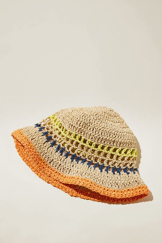 Crochet Bucket Hat, RAFFIA/MULTI COLOUR