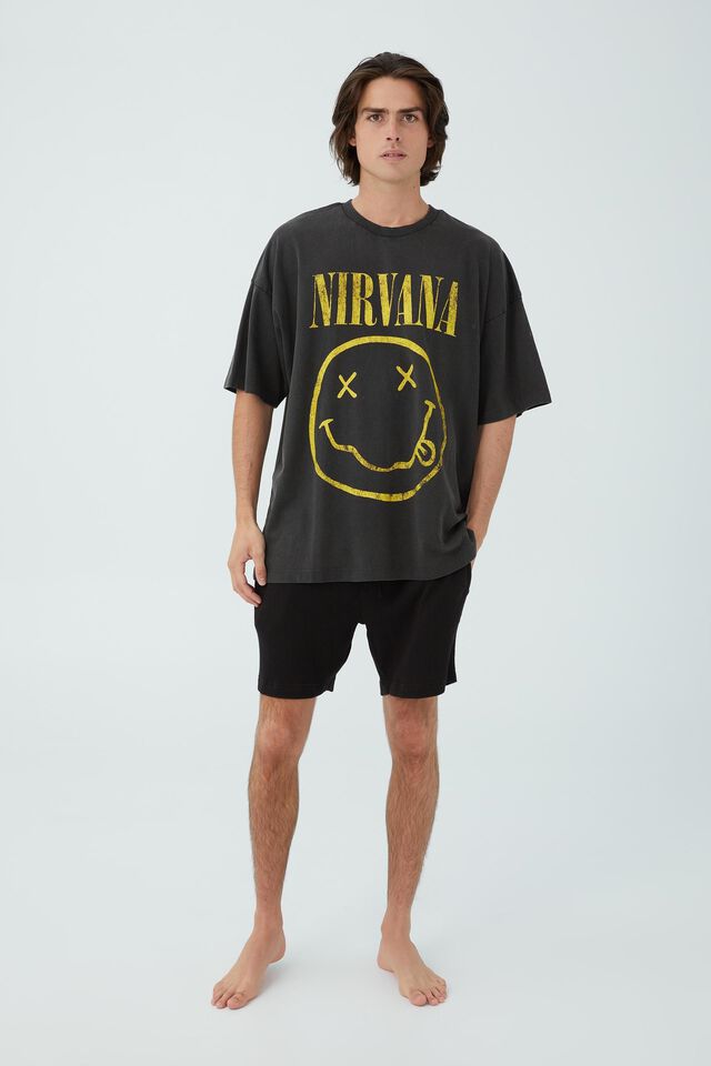 Oversized Vintage T-Shirt, LCN MT WASHED BLACK/NIRVANA - SMILE
