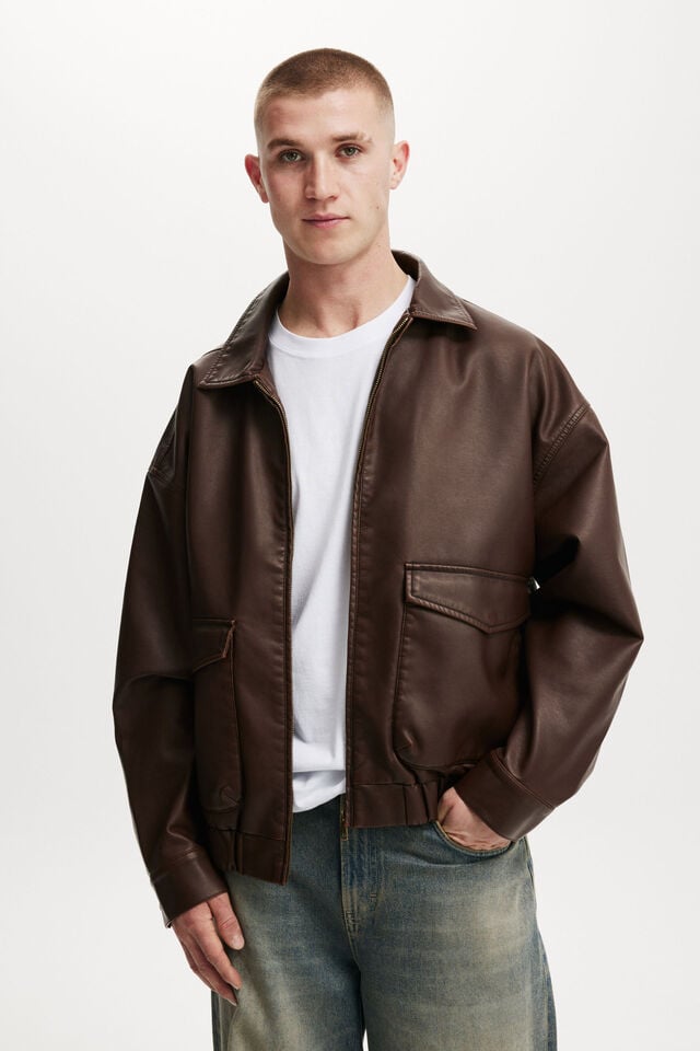 Faux Leather Bomber, OLD COUCH BROWN