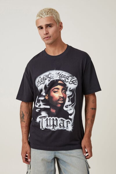 Camiseta - Loose Fit Music T-Shirt, LCN BRA WASHED BLACK/TUPAC - AIRBRUSH