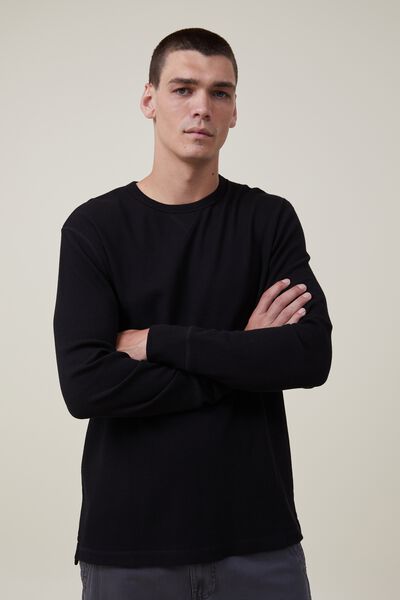 Textured Long Sleeve Tshirt, BLACK WAFFLE