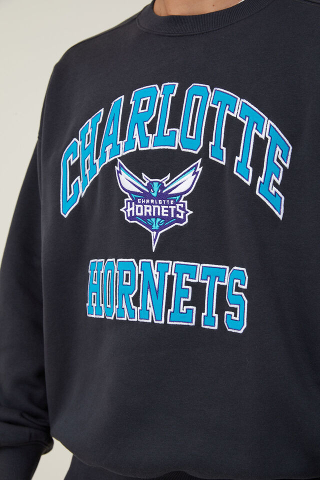 Nba Box Fit Crew Sweater, LCN NBA WASHED BLACK / HORNETS - APPLIQUE