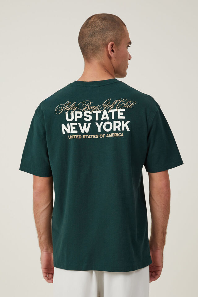 Premium Loose Fit Art T-Shirt, PINE NEEDLE GREEN/UPSTATE NEW YORK SCRIPT