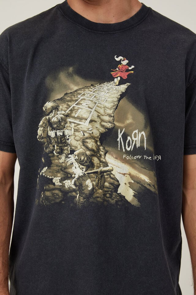 KORN Premium Loose Fit Music T-Shirt, LCN WMG BLACK/KORN - FOLLOW THE LEADER