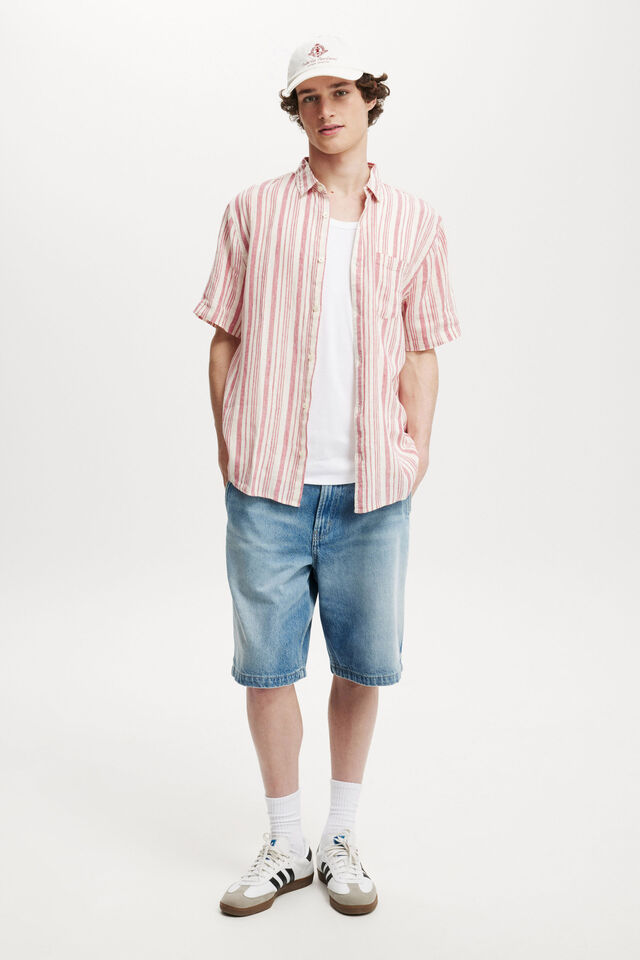 Linen Short Sleeve Shirt, PINK STRIPE