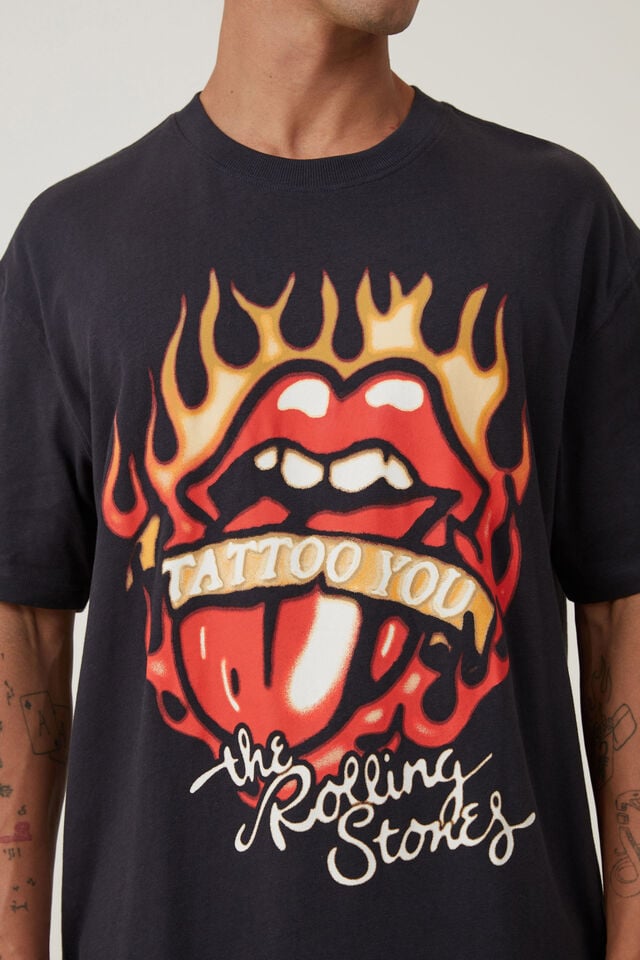 Loose Fit Music T-Shirt, LCN BRA WASHED BLACK/ROLLING STONES - TATTOO