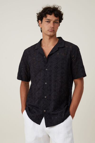 Cabana Short Sleeve Shirt, BLACK BRODERIE