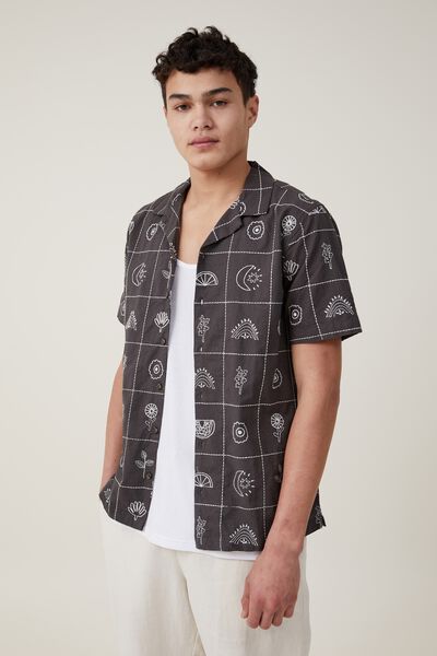 Cabana Short Sleeve Shirt, BLACK GRID