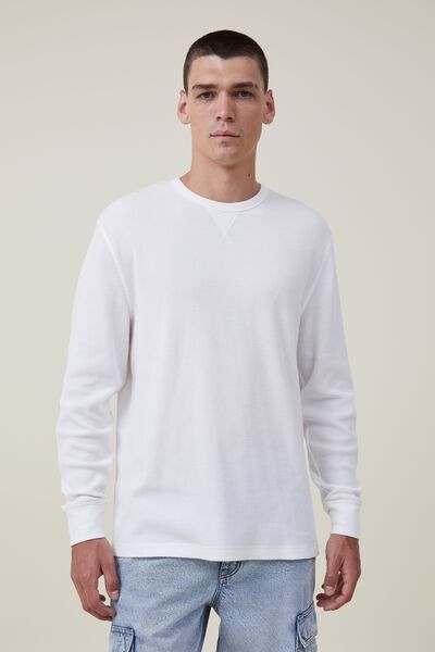 Textured Long Sleeve Tshirt, WHITE WAFFLE