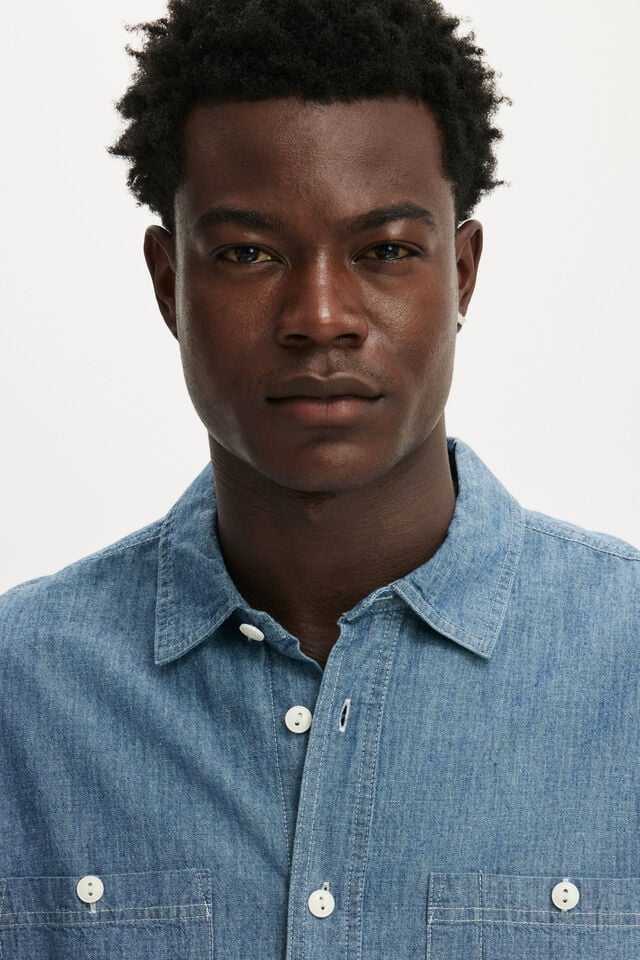Denim Long Sleeve Worker Shirt, LIGHT BLUE CHAMBRAY