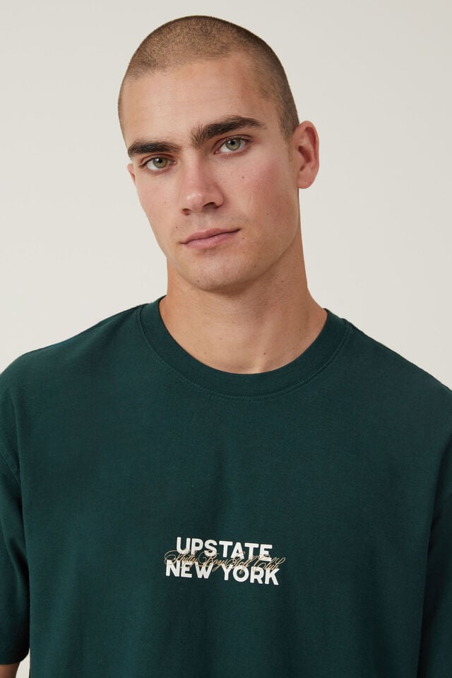 Premium Loose Fit Art T-Shirt, PINE NEEDLE GREEN/UPSTATE NEW YORK SCRIPT