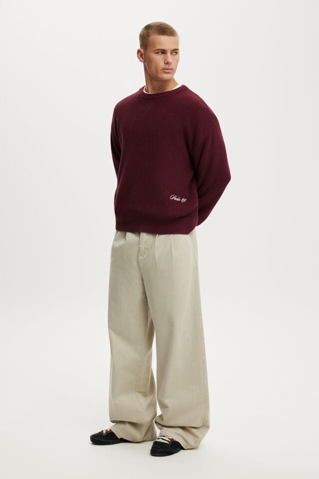 Box Fit Crew Knit, PLUM EMB