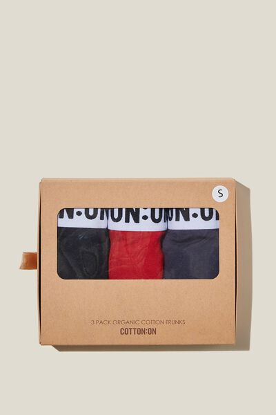 Mens Organic Cotton Trunk 3 Pack, BLACK WHITE/TOMATO RED/TRUE NAVY