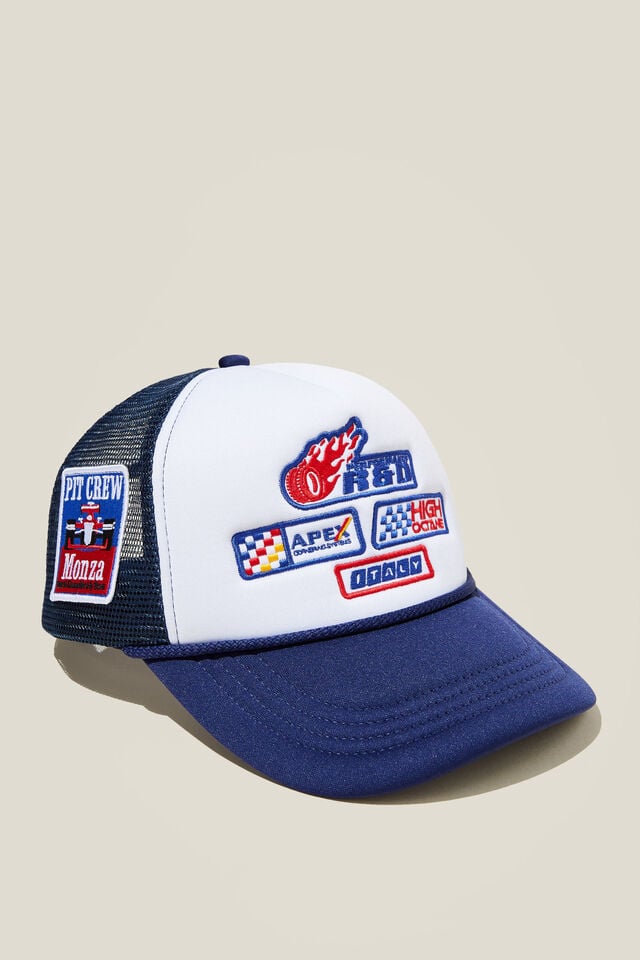Trucker Hat, BLUE/WHITE/RACING BADGES