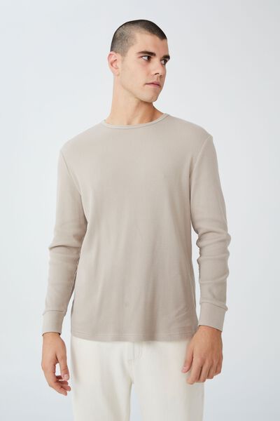 Textured Long Sleeve Tshirt, GREY SAND WAFFLE