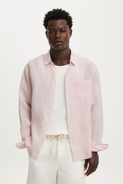 Relaxed Linen Long Sleeve Shirt, PINK STRIPE