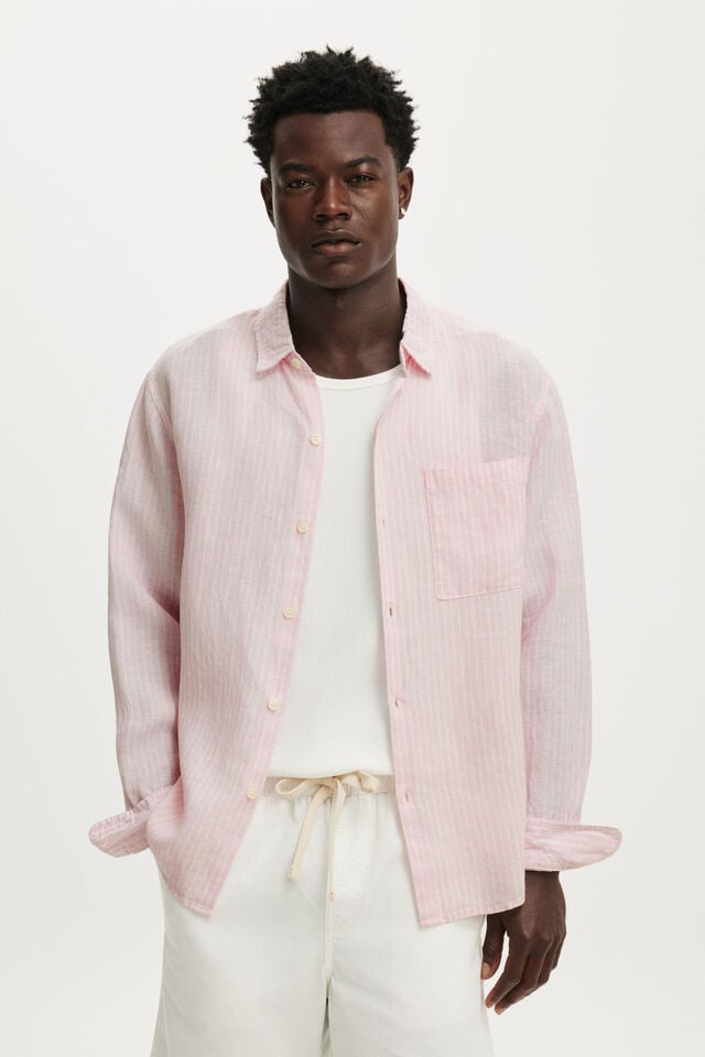 Relaxed Linen Long Sleeve Shirt, PINK STRIPE