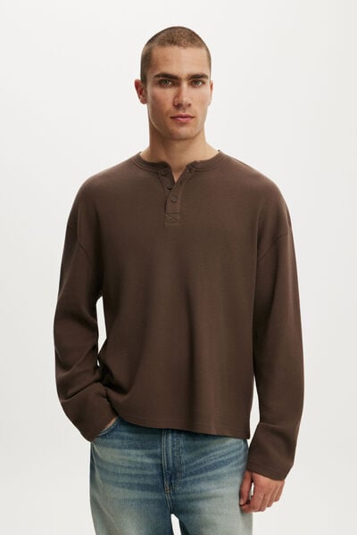 Relaxed Fit Textured Henley Long Sleeve, ESPRESSO WAFFLE