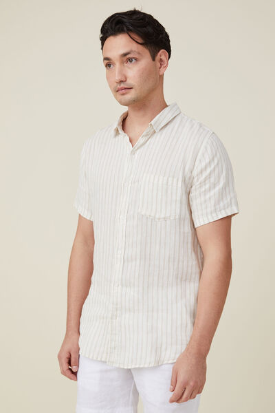 Linen Short Sleeve Shirt, SAND STRIPE