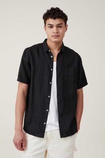 Camisas - Linen Short Sleeve Shirt, BLACK