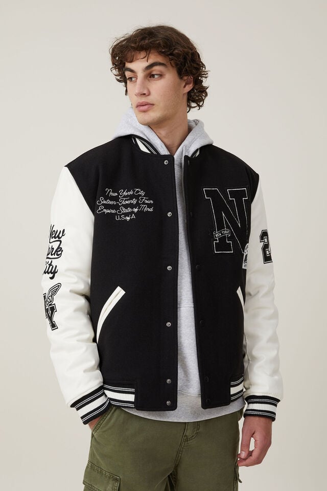 Varsity Bomber Jacket, BLACK