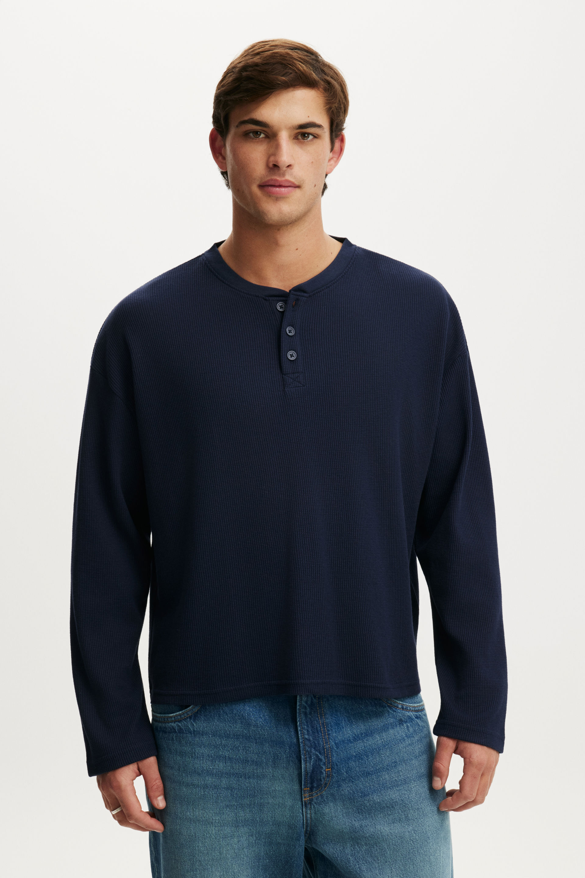 Men's Navy Cropped Fit Henley Long Sleeve | Cotton On United States