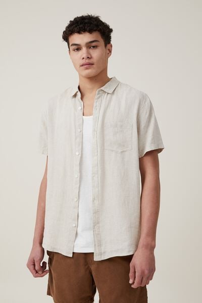 Camisas - Linen Short Sleeve Shirt, OATMEAL