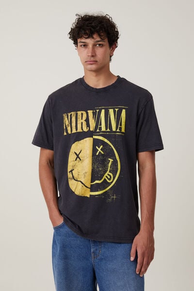 Premium Loose Fit Music T-Shirt, LCN MT BLACK/NIRVANA - SMILEY HALF