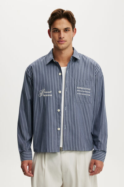 Bedford Long Sleeve Shirt, NAVY STRIPE EMB