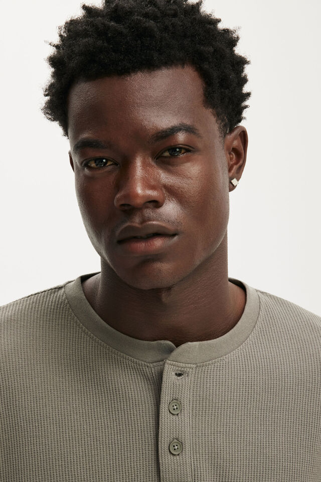 Cropped Fit Henley Long Sleeve, LIGHT SLATE