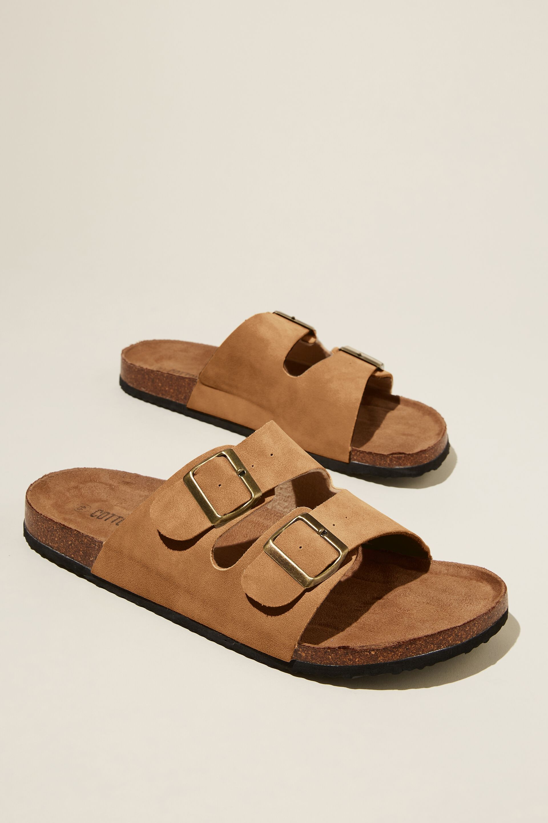 Red Tape wide fit double buckle slider sandals in brown leather  ASOS